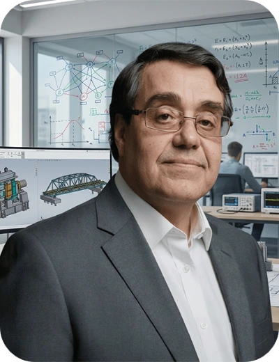 Hombre con gafas y traje en oficina con pizarras de ingeniería y planos al fondo