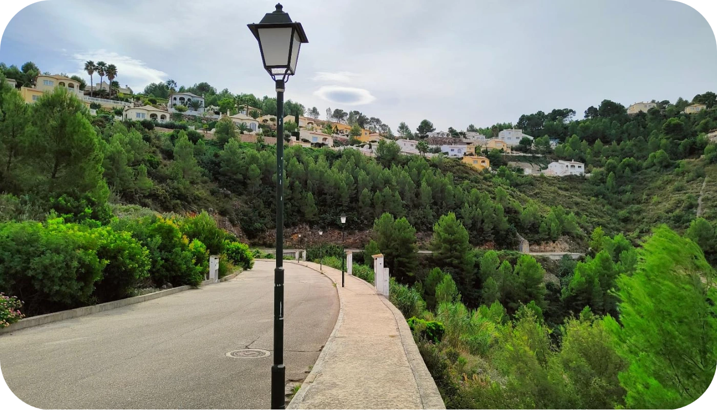 Calle residencial con farola y casas en ladera arbolada